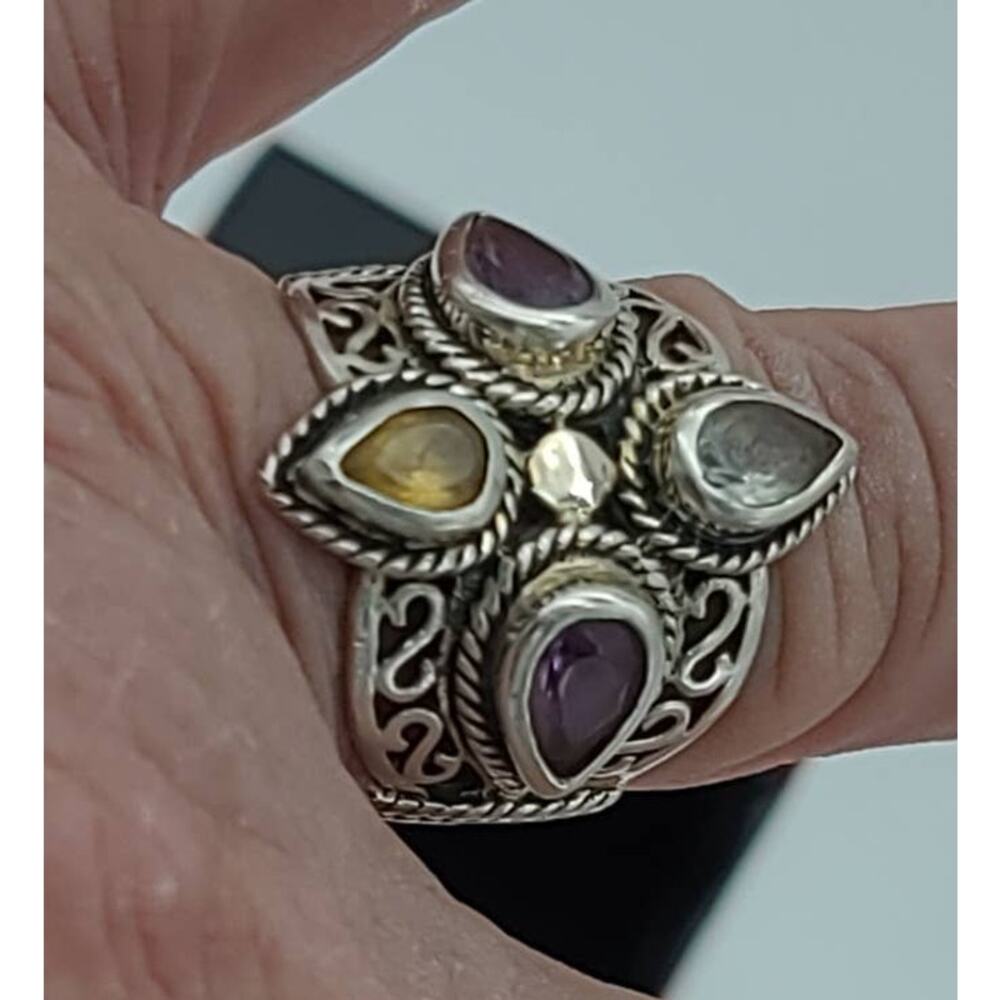 Vintage 925 Sterling Silver Colorful Glass Crystals Stunning Filigree Ring Sz 7 - Picture 5 of 9